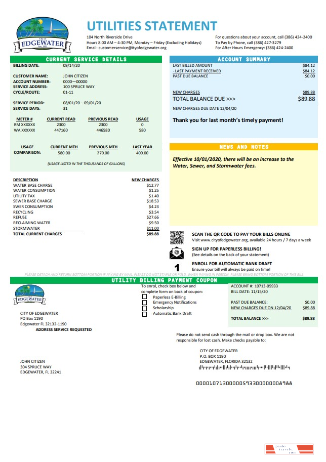 USA Florida City of Edgewater utility bill template in Word and PDF format